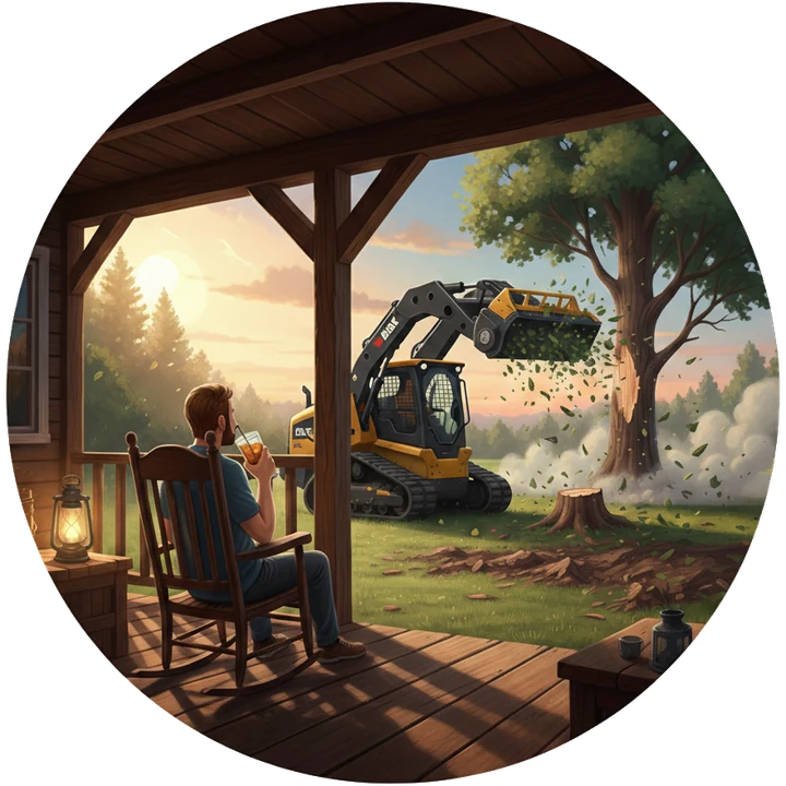 Landowner on the porch with a drink while the mulcher clears the lot